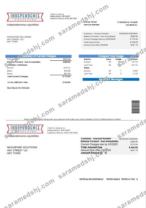 USA Missouri Independence Utilities business utility bill template in Word and PDF formats